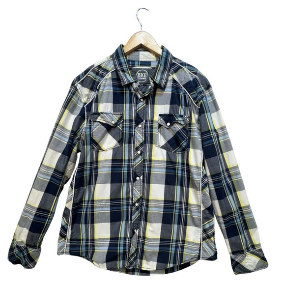 BKE Mens Athletic Fit Button-Up Shirt Sze L Navy/Yellow Plaid Casual Long Sleeve - Picture 1 of 10
